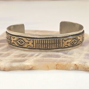Navajo Sterling Silver & Brass Signed T. Enreka Stamped Tradition Cuff Bracelet